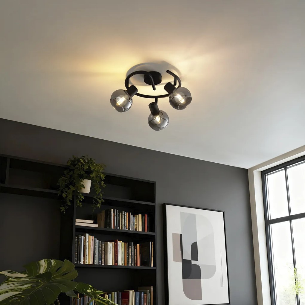 Plafonieră Art Deco neagră cu sticlă fumurie cu 3 lumini rotundă - Vidro