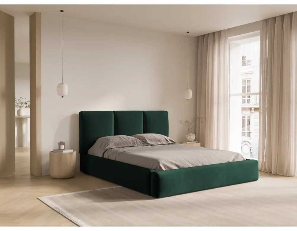 Pat matrimonial verde închis tapițat din catifea cu spațiu de depozitare cu somieră 180x200 cm Brody – Mazzini Beds