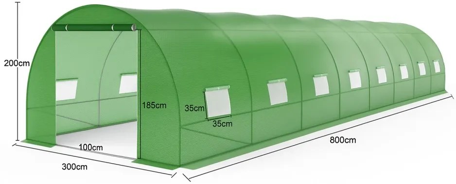 Solar de grădină, 3x8 m, 24 m², cadru din oțel, țeavă galvanizată, folie PE armată, 16 ferestre rulante, rezistent la UV, impermeabil, Verde, GH38,