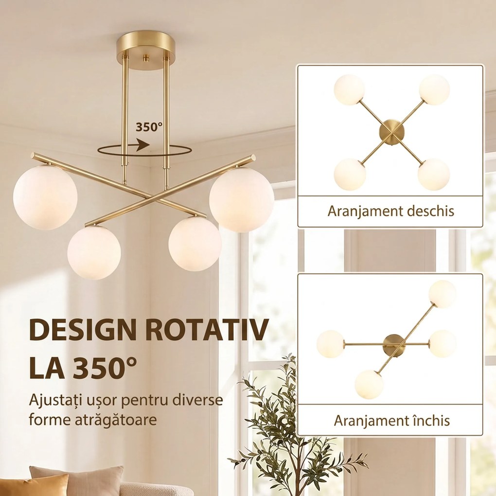 HOMCOM Lampă suspendată cu 4 globuri, înălțime reglabilă, rotire 350°, modernă, din oțel, auriu | Aosom Romania