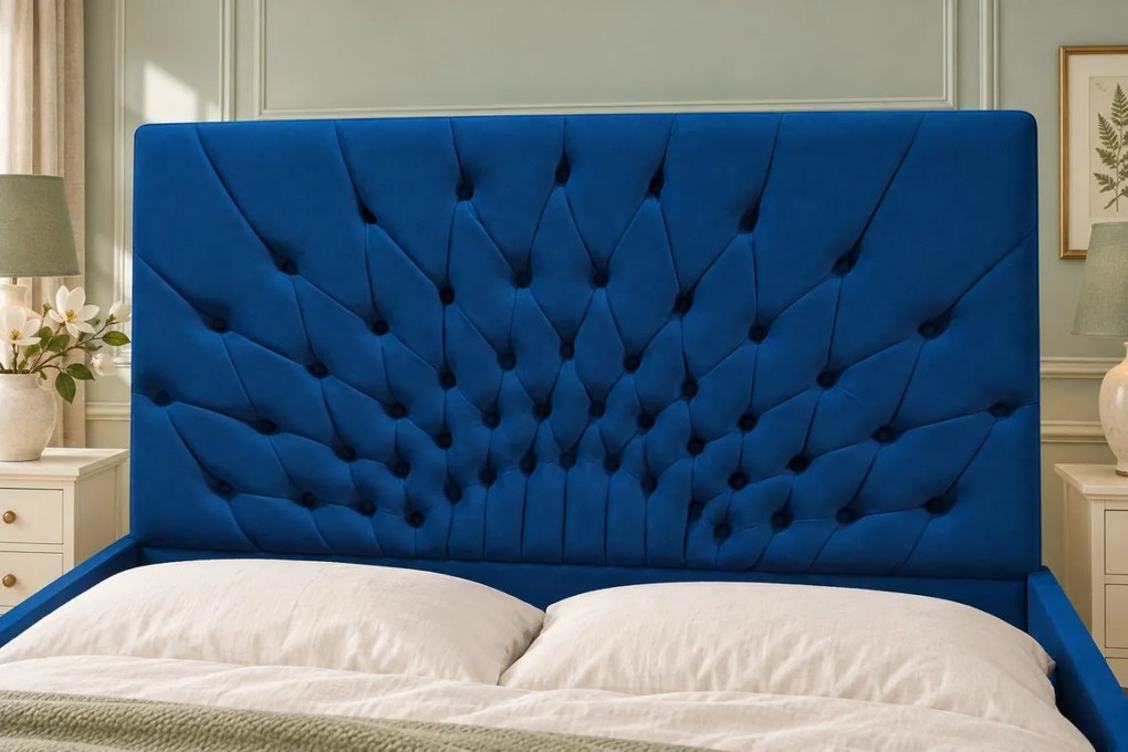 Pat tapițat Chesterfield din catifea Venezia 180×200 cm, albastru, cu ladă de depozitare