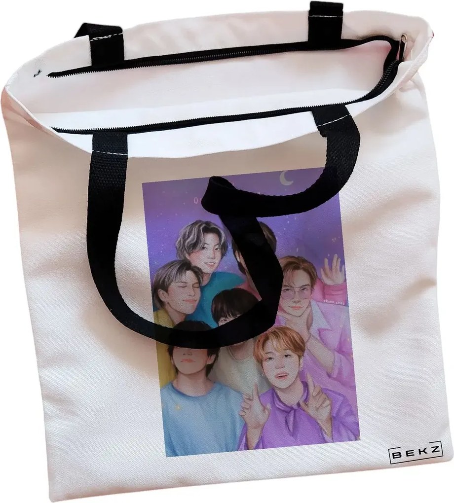 Sacosa de Panza pentru Cumparaturi, Geanta Tote, model BTS Army 4, Cu fermoar, 38x34.5 cm, Alba, BEKZ®