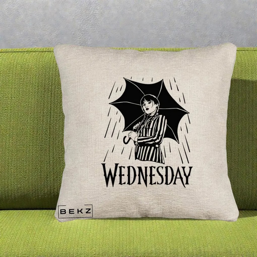 Perna Personalizata Wednesday cu Umbrela Ploaie Lineart, 40x40 cm, Bej Canapea, Husa Detasabila, Perna Inclusa, BEKZ®