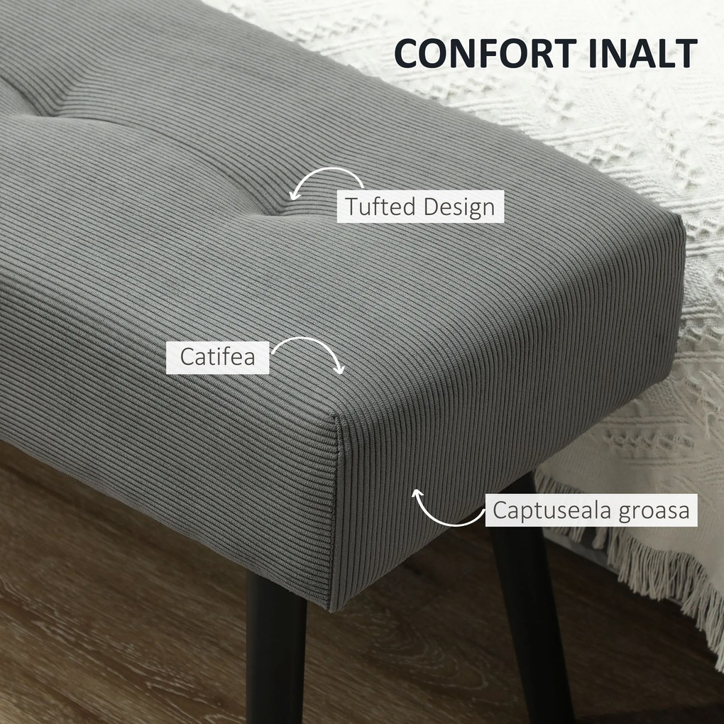 HOMCOM Bancă Tapițată din Catifea cu Șezut Căptușit și Picioare din Oțel, 100x36x45 cm, Gri | Aosom Romania