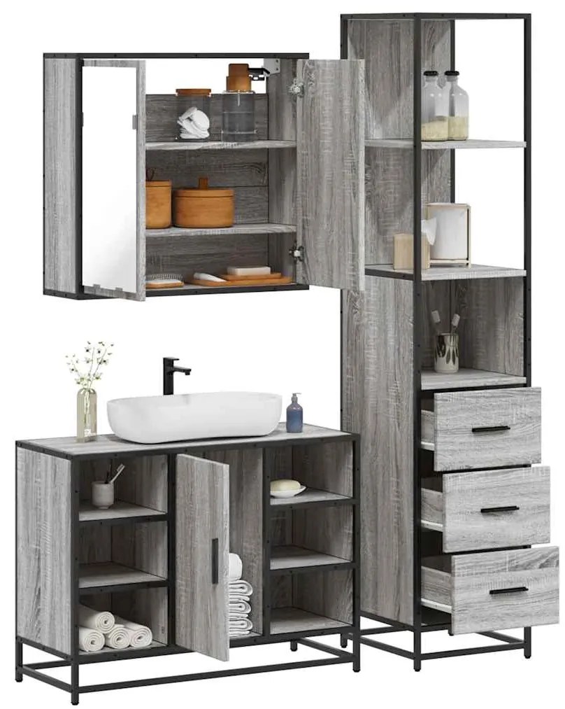 vidaXL Set mobilier de baie, 3 piese, gri sonoma, lemn prelucrat