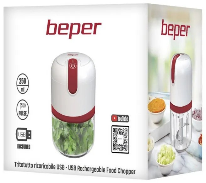 Blender portabil USB Beper P102ROB050, baterie Li-Ion de 1500 mAh, 30 W, 250 ml, 3 lame, funcție Pulse, transparent/alb