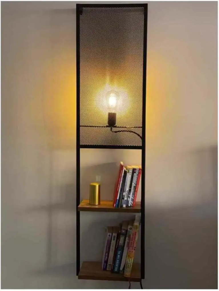 Raft de perete iluminat, Aleron Homs, lemn/metal, 33 x 16 x 125 cm, negru/natur