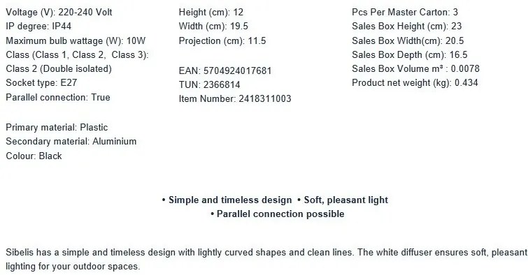 Aplica de exterior ambientala stil nordic IP44 Sibelis negru