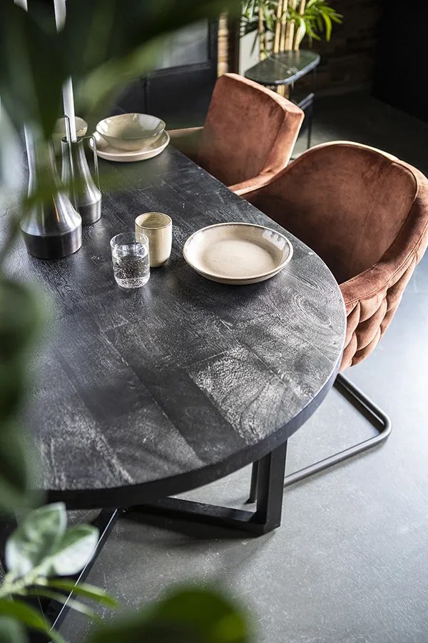 Masa ovala cu blat din lemn de stejar Steven 200x100x76 cm neagra