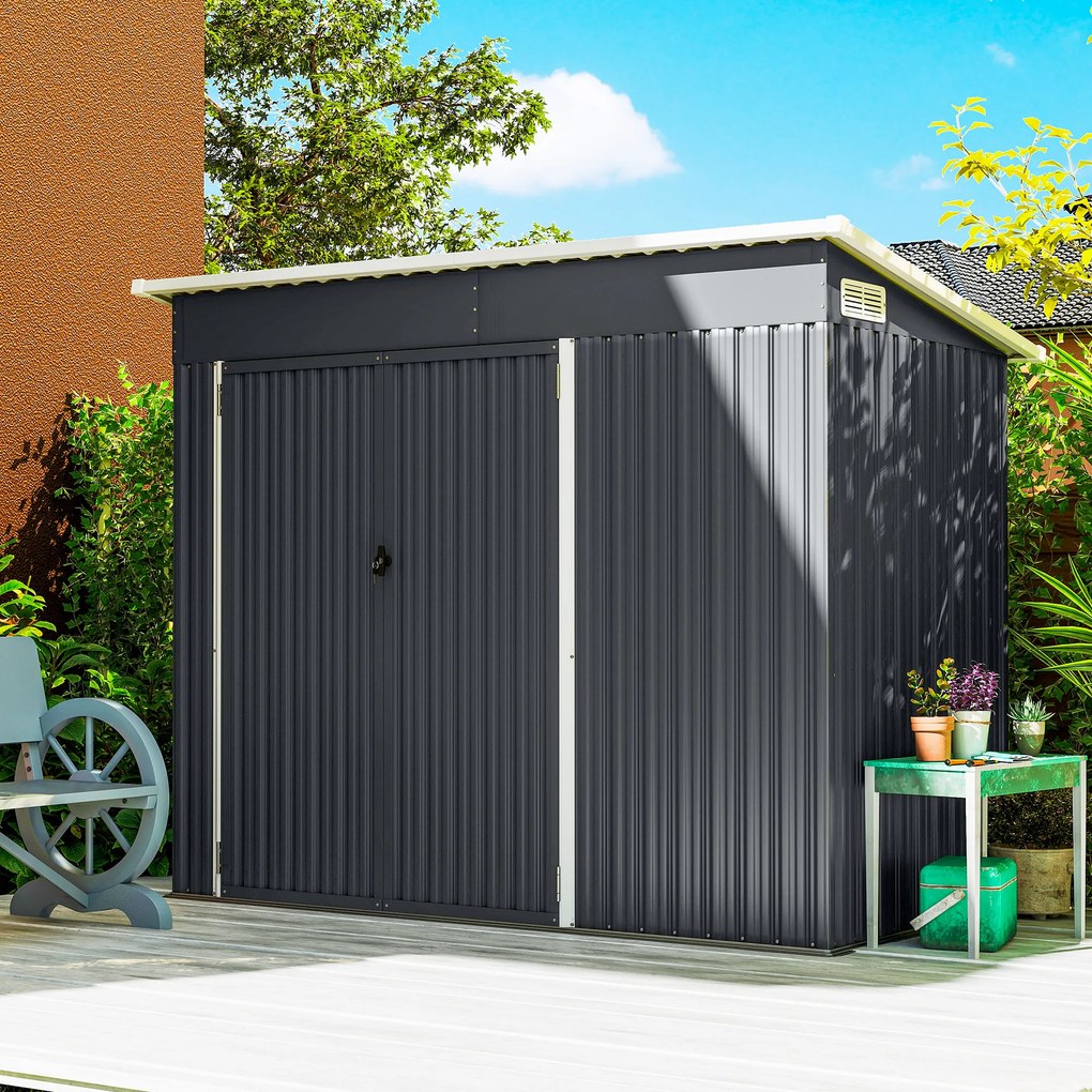 Outsunny Șopron de Grădină 2.68m² din Oțel Galvanizat cu 3 Uși Blocabile, Șopron cu Guri de Aerisire, Acoperiș Înclinat și Mănuși, Depozitare Unelte, 234x132x185 cm, Gri Închis | Aosom Romania