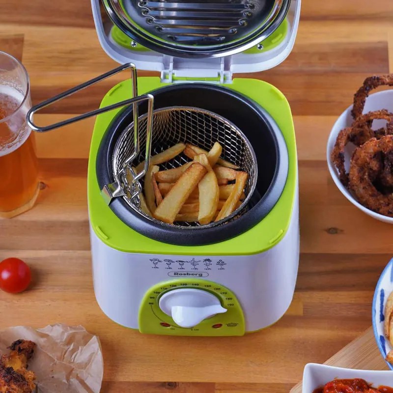 La mâna a doua: Friteuza mini Rosberg , 950W, 1 litru, Termostat, Strat antiaderent, Alb / Verde