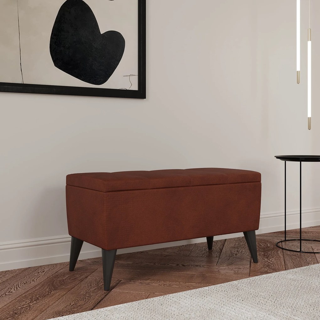 Bancheta Tapitata Mera, cu spatiu depozitare, Caramel, Stofa, 80 x 37 x 42 cm