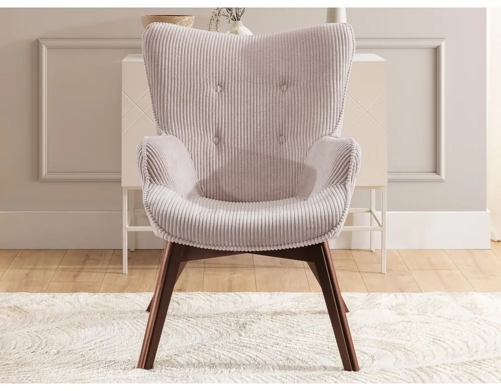 Fotoliu cu taburet roz deschis cu tapițerie din catifea reiată Niko – Ropez