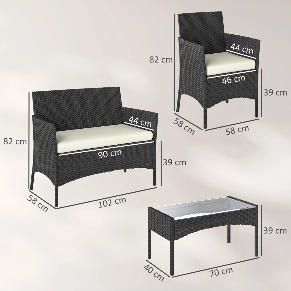 Outsunny Set Mobilier Grădină din Ratan Sintetic cu Canapea, Fotolii și Masă din Sticlă Securizată și Perne Negru și Crem | Aosom Romania