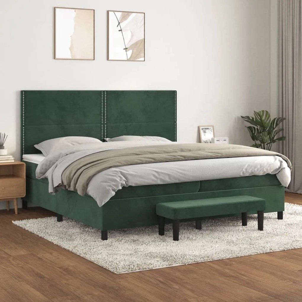 3137806 vidaXL Pat box spring cu saltea, verde închis, 200x200 cm, catifea