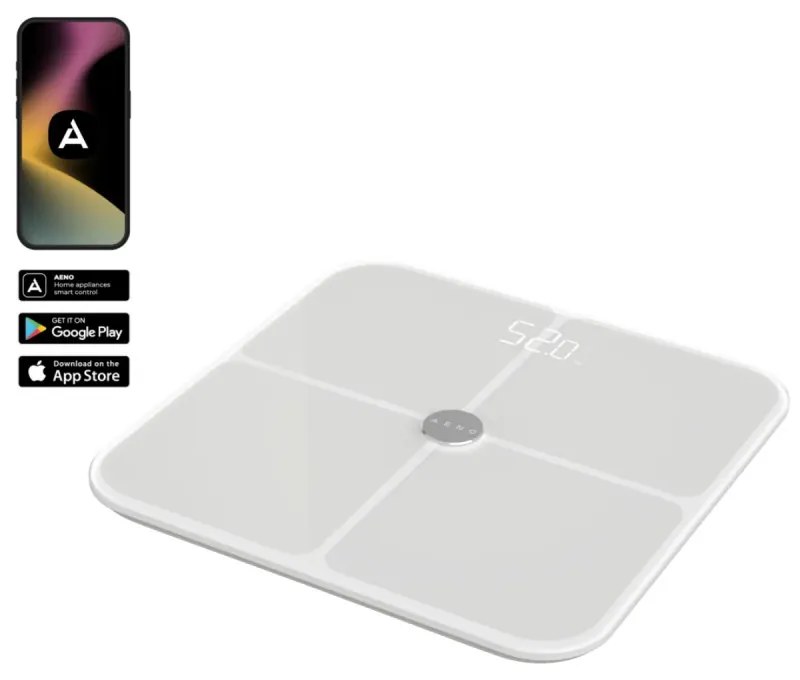 Cantar inteligent AENO ABS0001S, Pana la 180 kg, 11 profiluri, 15 indicatori, IMC, LED, Sticla ITO, Alb
