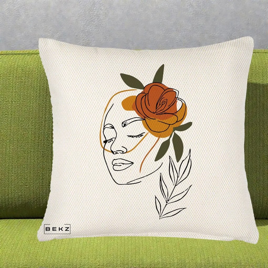 Perna Decorativa Portret Feminin Trandafir Ruginiu, 40x40 cm, Crem Reliefat, Husa Detasabila, Perna Inclusa, BEKZ®