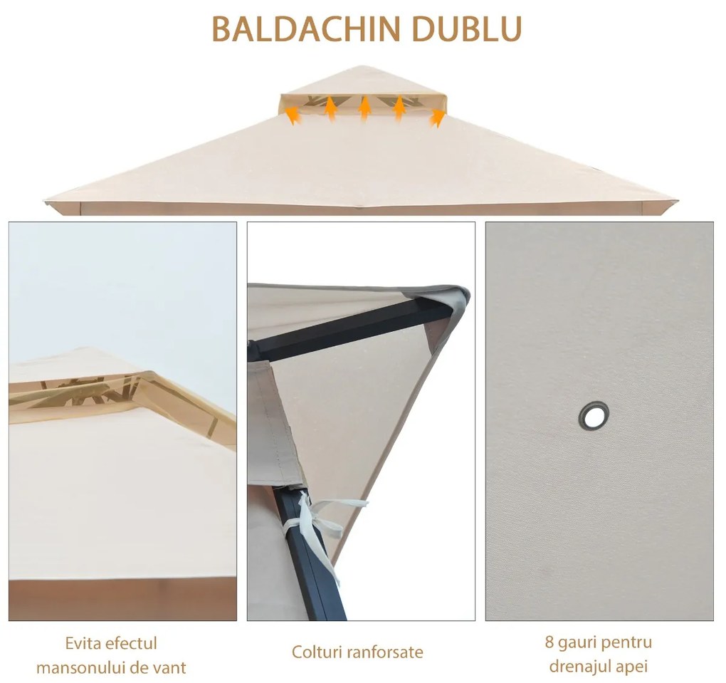 Outsunny Pavilion de Grădină cu Acoperiș Dublu din metal și Poliester,Bej, 3x3m