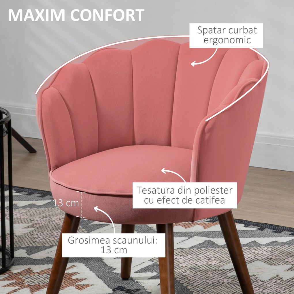 HOMCOM Fotoli captusit cu spatar tip scoica si picioare din lemn, 66x66x78.5cm, Roz | Aosom Romania