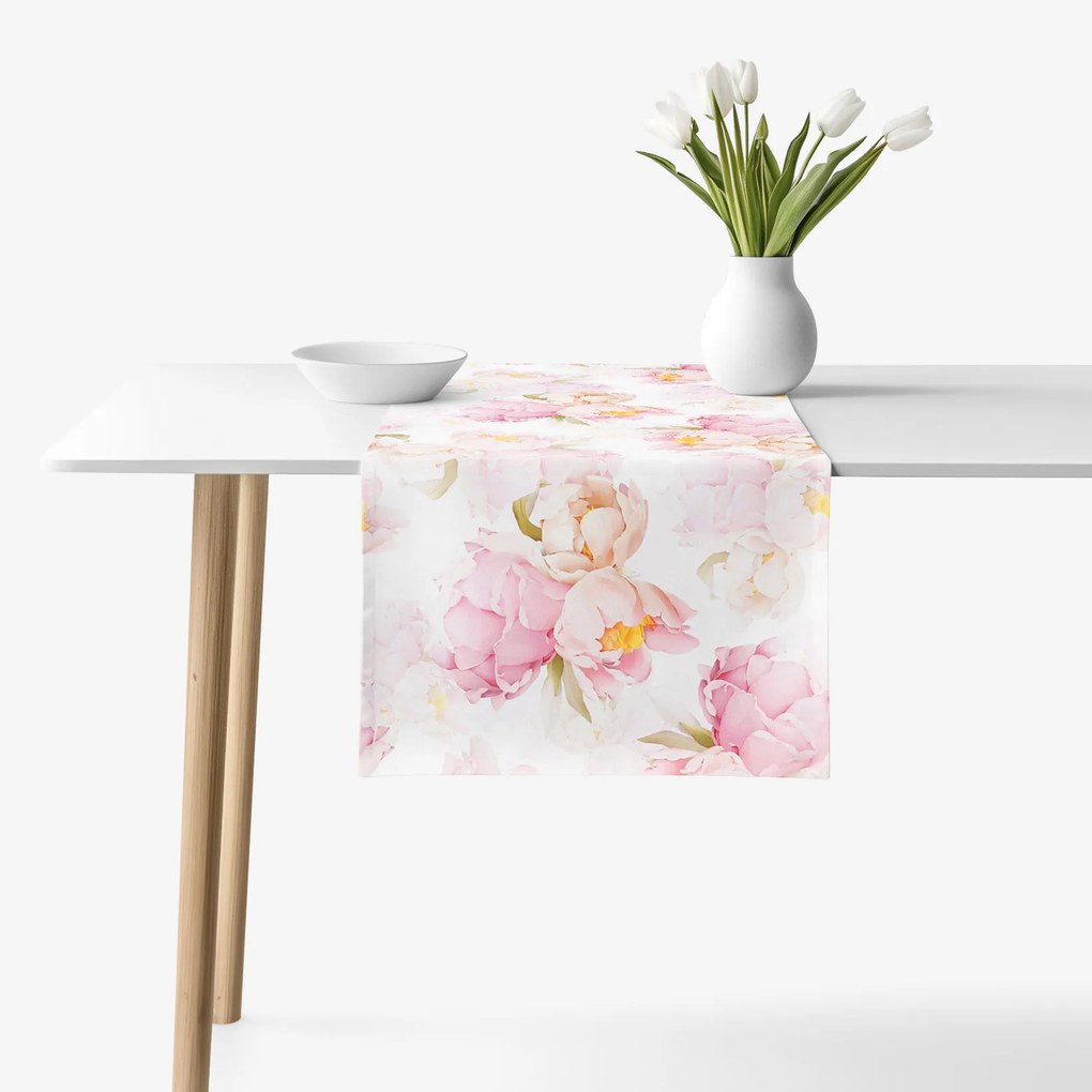 Goldea napron de masă 100% bumbac deluxe - flori de bujor înfloriți 20x140 cm