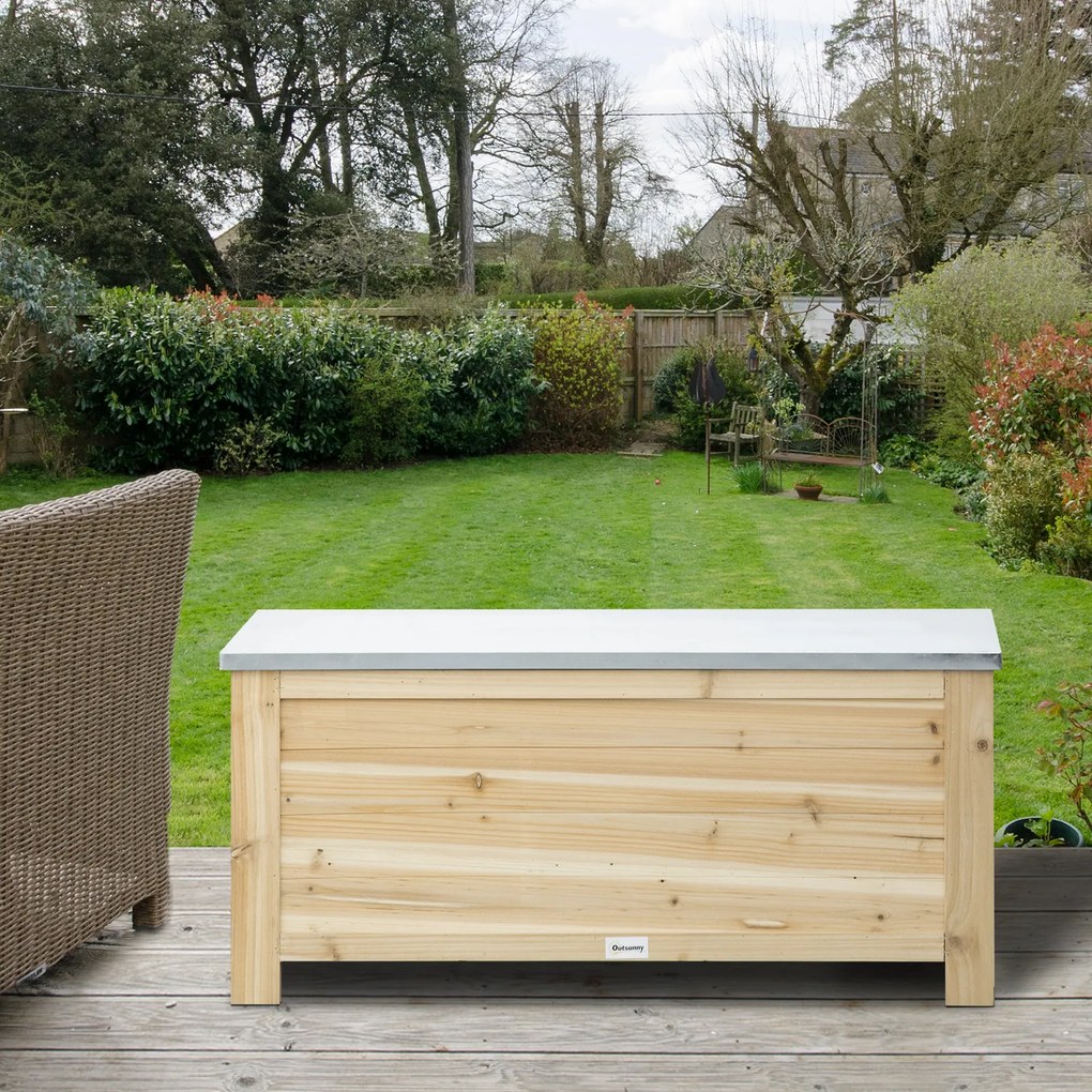 Outsunny Ladă de Depozitare Exterior din Lemn cu Capac Metalic Galvanizat și Design cu Șipci 110x50x50 cm Lemn Natural | Aosom Romania