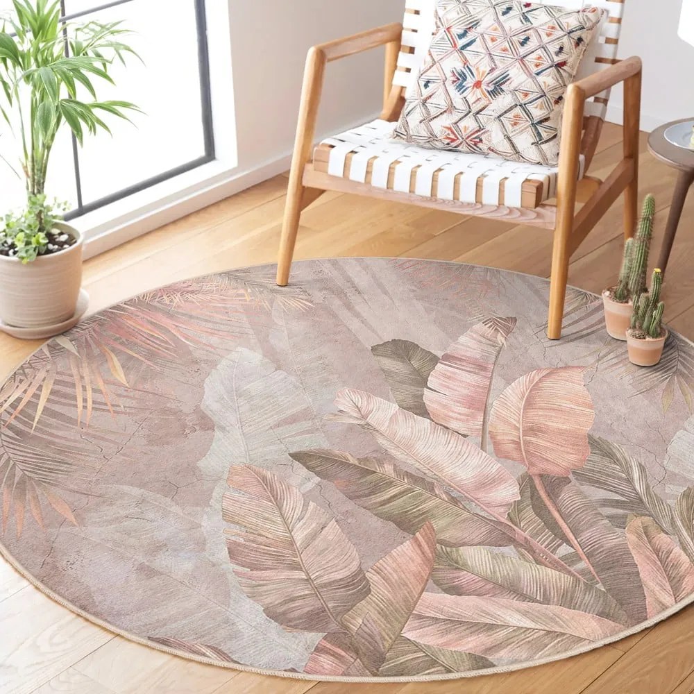 Covor roz deschis lavabil rotund ø 100 cm Dusty Leaves – Mila Home