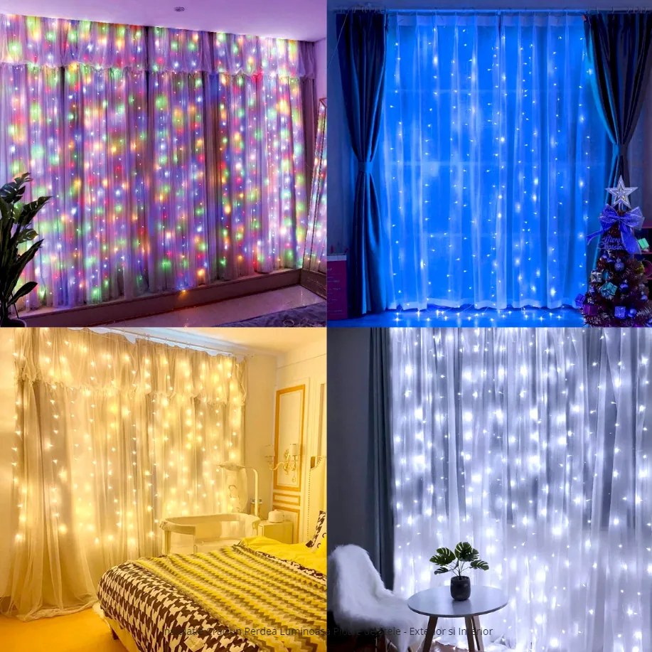 Instalație de Crăciun, perdea luminoasă 3 x 6 metri, fir gros, pentru fațade, albastru
