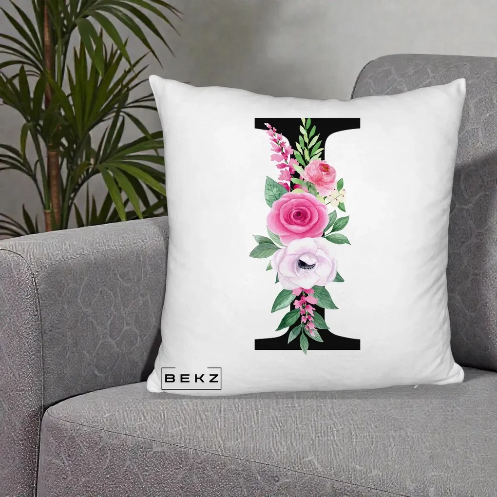 Cadou Personalizat - Perna Personalizata Monograma Florala Litera I, 40x40 cm, Alb Pufos, Husa Detasabila, Perna Inclusa, BEKZ®