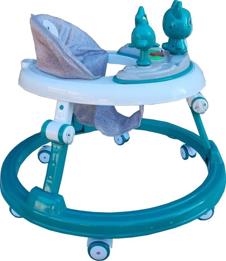 Premergator reglabil in 6 trepte de inaltime NOVOKIDS™ Happy Kitty, Cu melodii, Pliabil, Max 20 kg, Roti silentioase, Model Pisicuta, Verde Turquoise