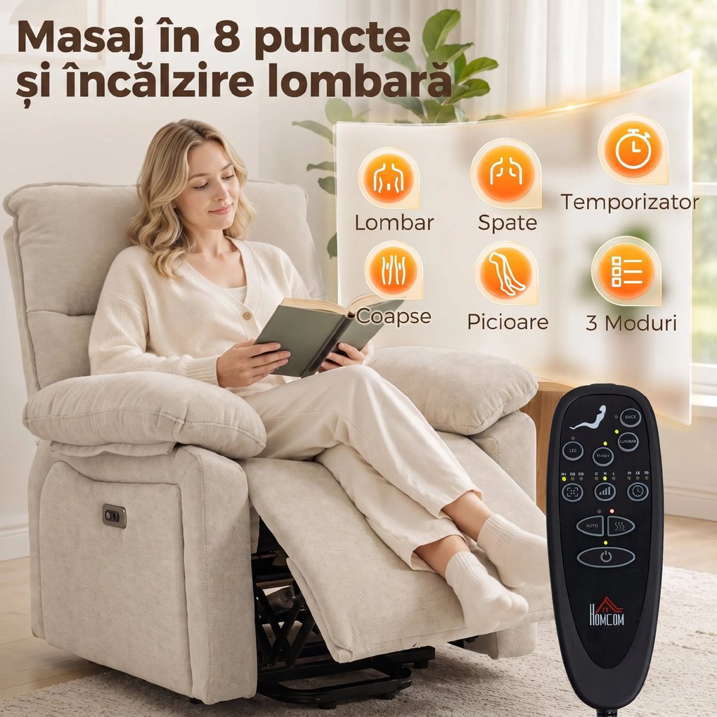 HOMCOM Fotoliu de Relaxare cu Ridicare Electrică, Masaj și Încălzire, Alb Crem | Aosom Romania