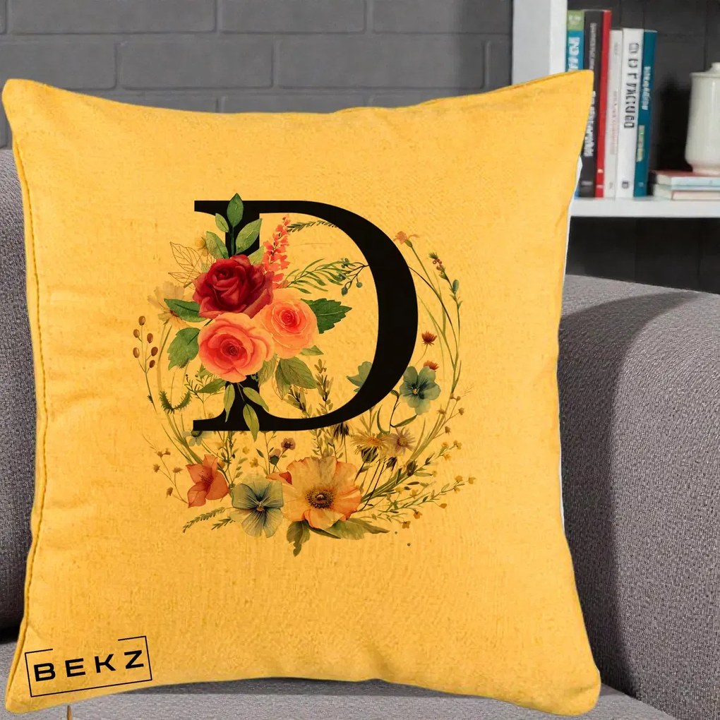 Cadou Personalizat - Perna Personalizata Monogram Litera D cu Flori Acuarela, 40x40 cm, Galben, Husa Detasabila, Perna Inclusa, BEKZ®