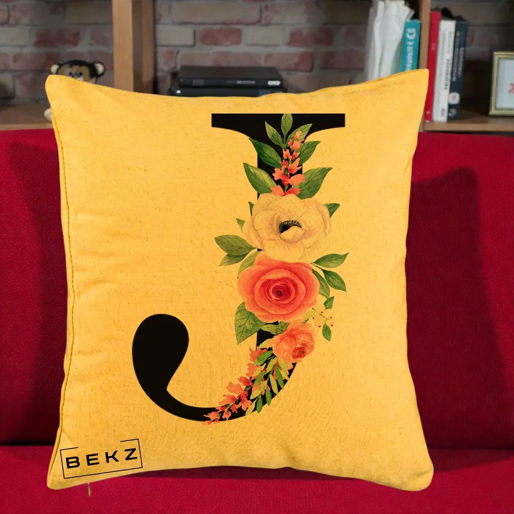 Cadou Personalizat - Perna Personalizata Monograma Florala Litera J, 40x40 cm, Galben, Husa Detasabila, Perna Inclusa, BEKZ®