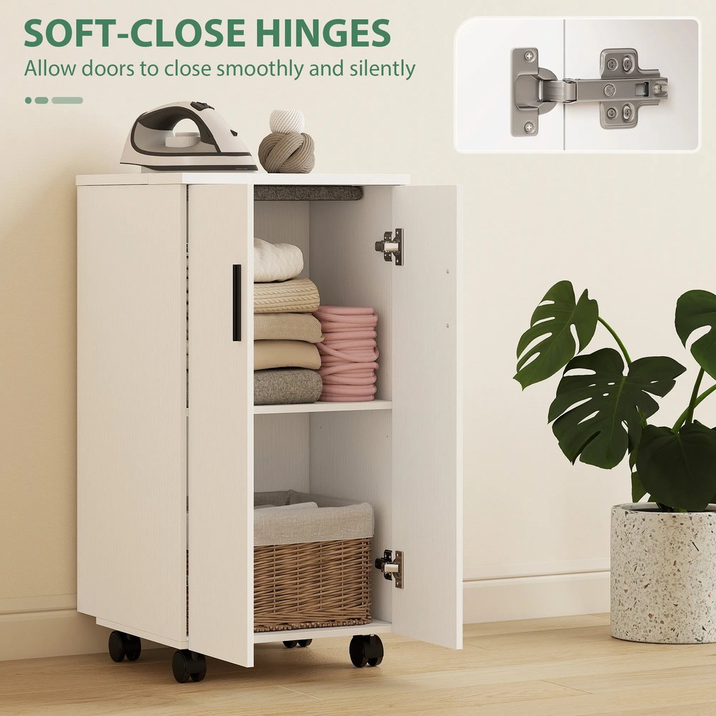 HOMCOM Mobilier de călcat 2 en 1, masă de călcat pliante pe roți cu etajeră reglabilă și balamale, alb | Aosom Romania