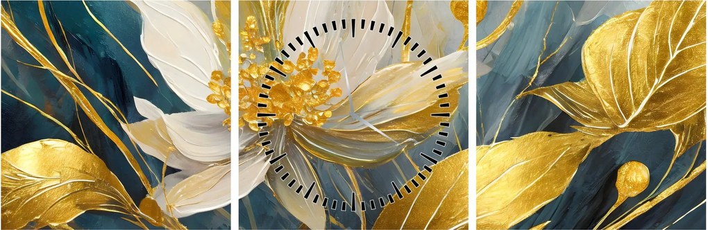 Tablou - Pictura de flori de aur (cu ceas) (90x30 cm)