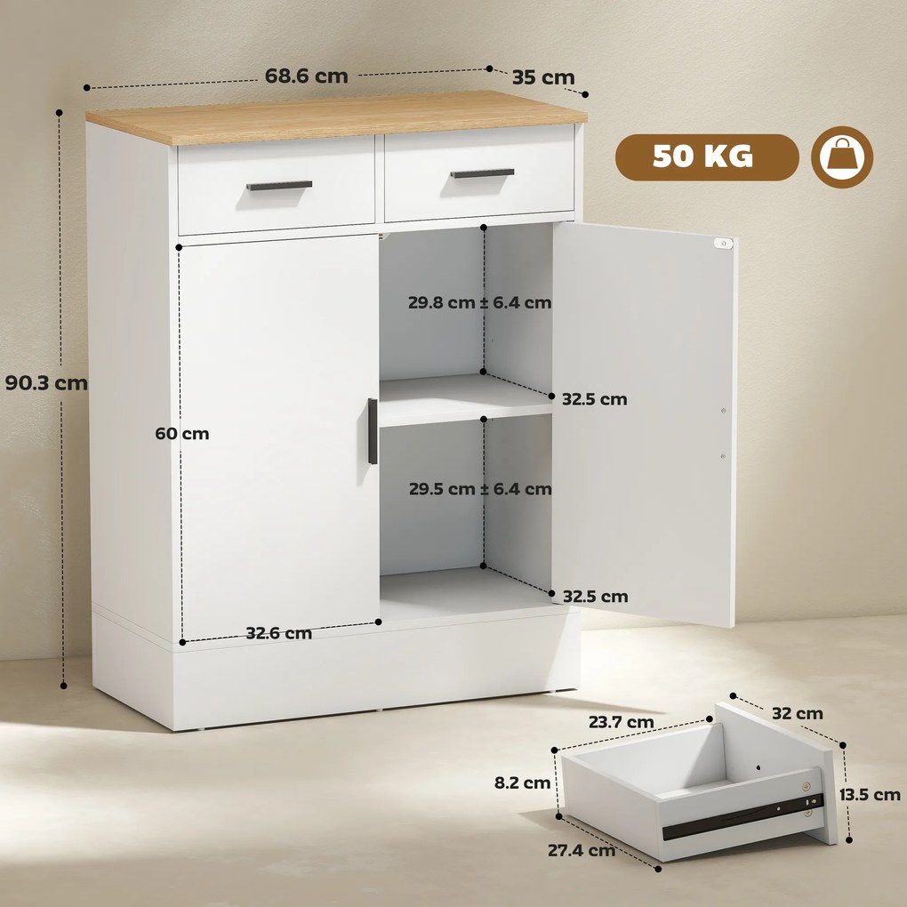 HOMCOM Bufet Modern 2 Sertare și Dulap cu 2 Uși, Raft Interior Reglabil, Alb și Lemn | Aosom Romania
