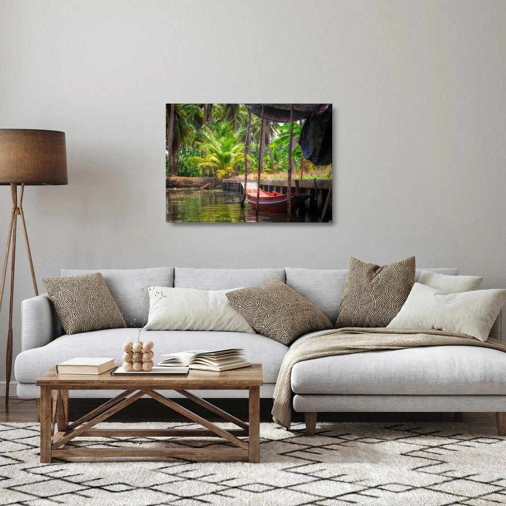 Tablou pe sticlă - Nava din lemn în canal , Thailand (70x50 cm)