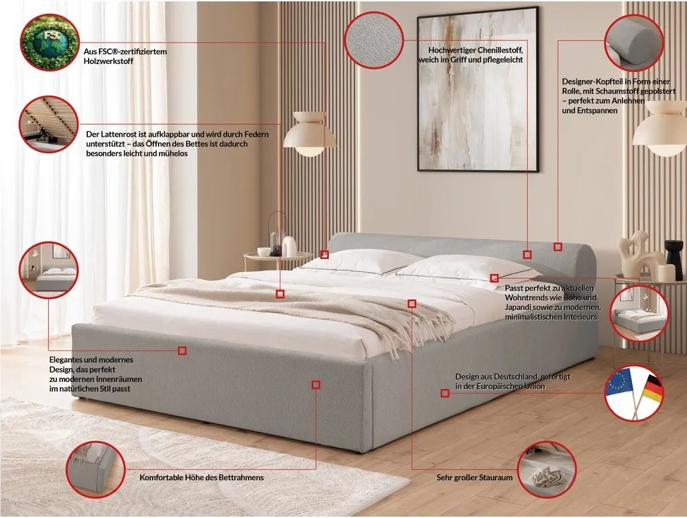 Pat matrimonial gri deschis tapițat cu spațiu de depozitare cu somieră 140x200 cm Cille – Ropez