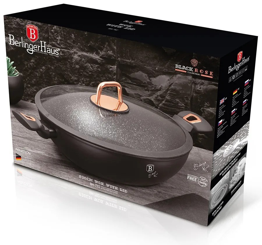 Cratiță marmorată cu capac 30 cm, 4.8 L Berlinger Haus Black Rose Collection BH 7112, neagră, strat titan, compatibilă cu toate plitele