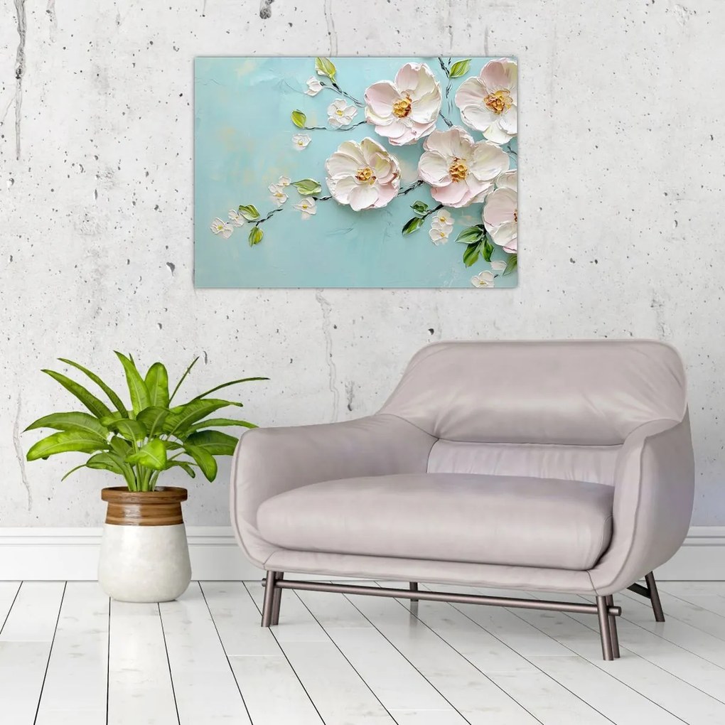 Tablou pe sticlă - Flori pe fundal albastru (70x50 cm)