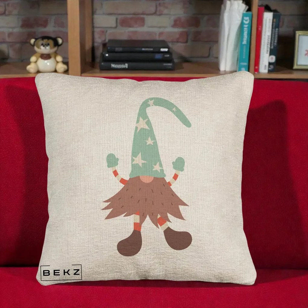 Perna Decorativa Pitic Gnom Nordic cu Cadou Menta, 40x40 cm, Bej Canapea, Husa Detasabila, Perna Inclusa, BEKZ®