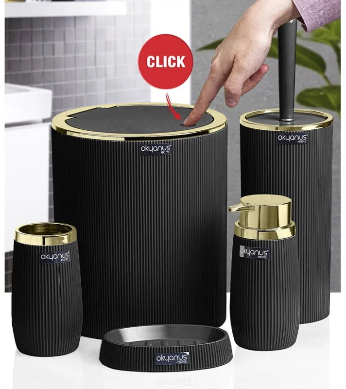Resigilat: Set accesorii pentru baie Freehome OKY-478-4-S, 5 piese, Negru/Auriu