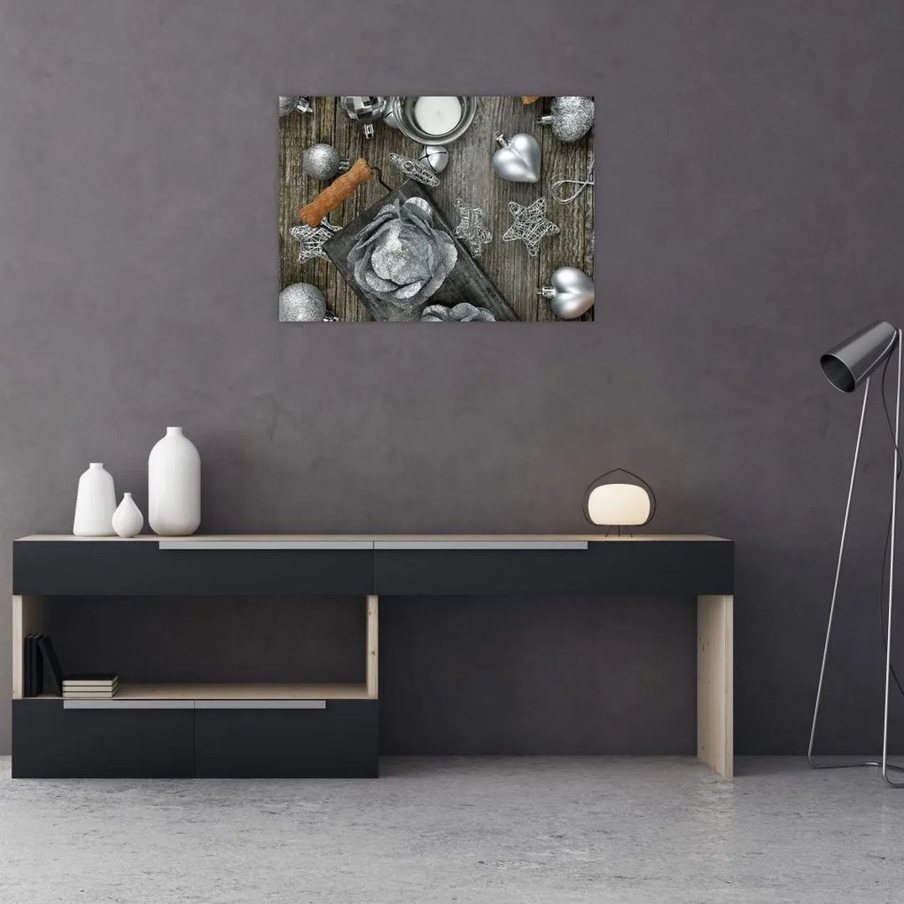 Tablou - decorațiuni argintii de Crăciun (70x50 cm)