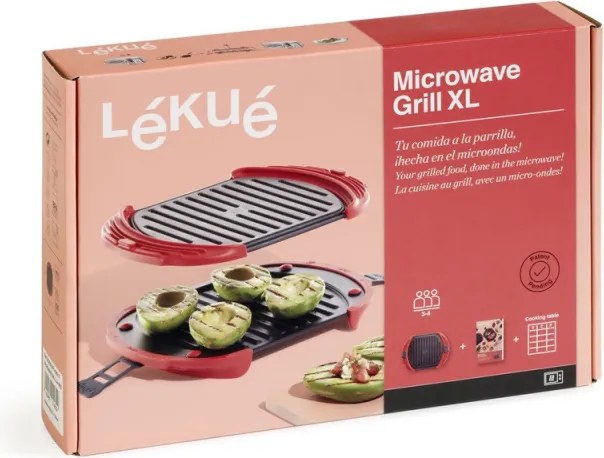 Grill pentru cuptorul cu microunde Lekue 1009082, 27x20,7,8x4,4 cm, Silicon platinat, Otel cu strat antiaderent, 0 / +240 °C, Rosu