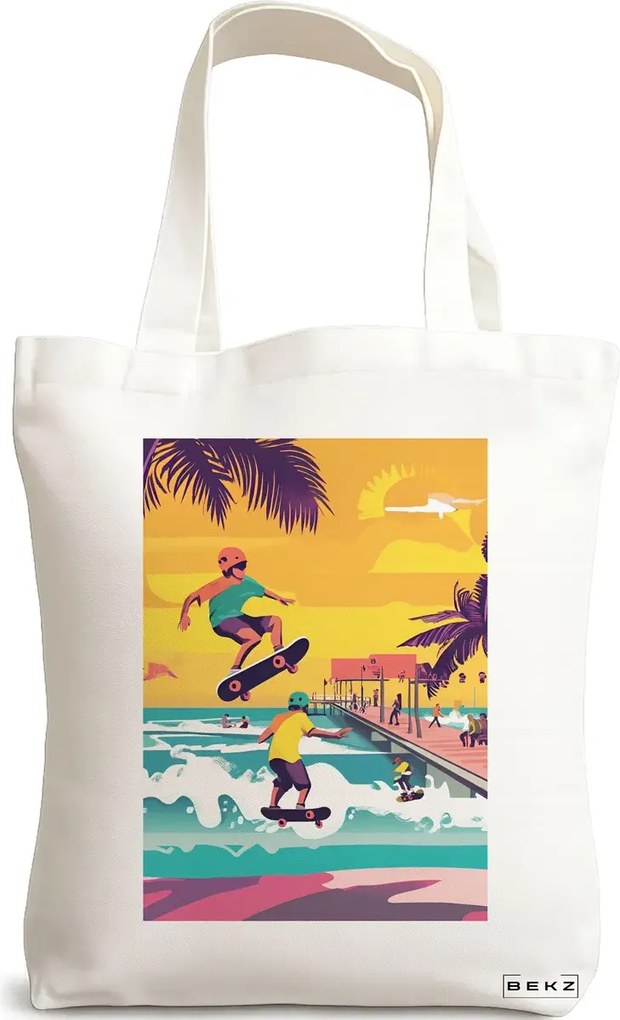 Sacosa de Panza pentru Cumparaturi, Geanta Tote, model Tropical Sunset 3 38 x 34.5 cm, Alba, BEKZ®