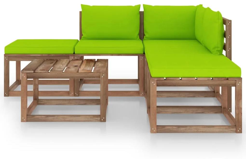 Set mobilier de gradina, 6 piese, cu perne verde aprins verde aprins, colt + 2x mijloc + 2x suport pentru picioare + masa, 1