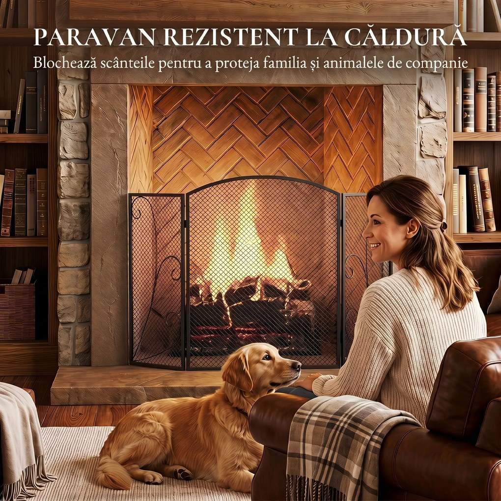 HOMCOM Parascântei Șemineu Pliabil 3 Panouri Metal Electrostatic, Gata Utilizare, 133x1x77cm, Negru | Aosom Romania