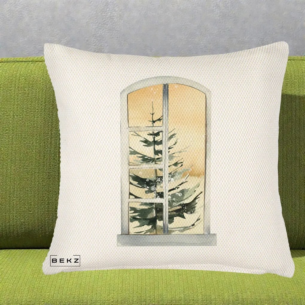 Perna Decorativa Fereastra cu Brad de Iarna, 40x40 cm, Crem Reliefat, Husa Detasabila, Perna Inclusa, BEKZ®