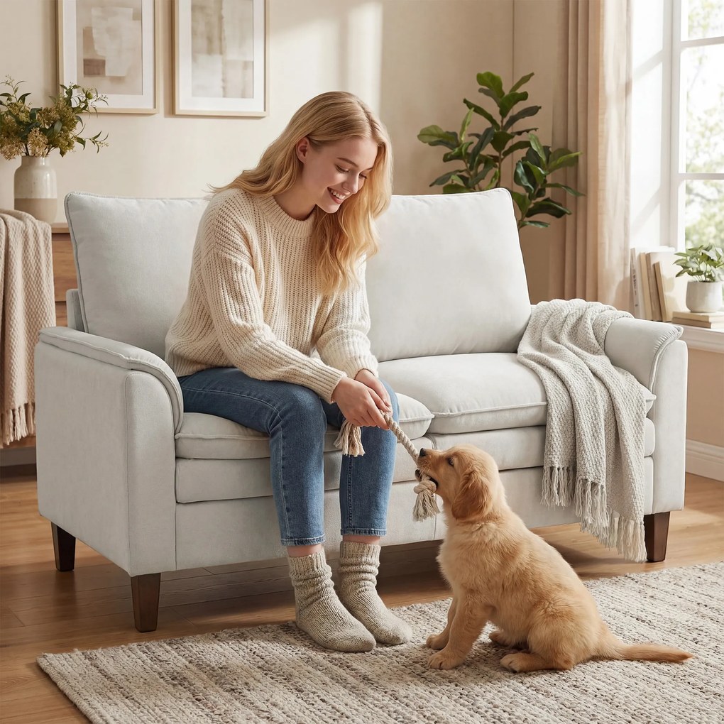 HOMCOM Canapea 2 locuri 146 cm, canapea chenille cu căptușeală în două straturi, pernă cu arcuri, șezut adânc, spătar înalt, alb crem | Aosom Romania