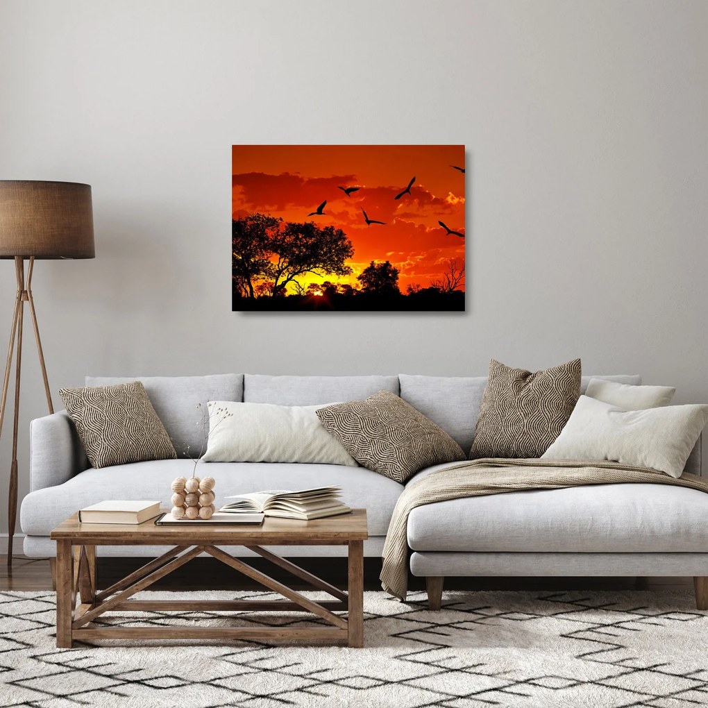 Tablou pe sticlă cu păsări în apus de soare (70x50 cm)