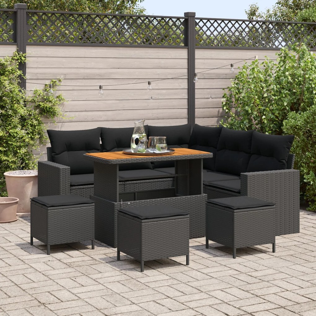 vidaXL Set de canapea de grădină pentru 8 persoane, cu perne, din rattan negru și lemn de acacia.